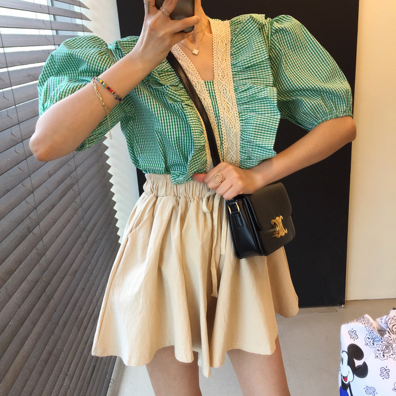 Agaric edge Plaid Top + high waist casual trouser skirt