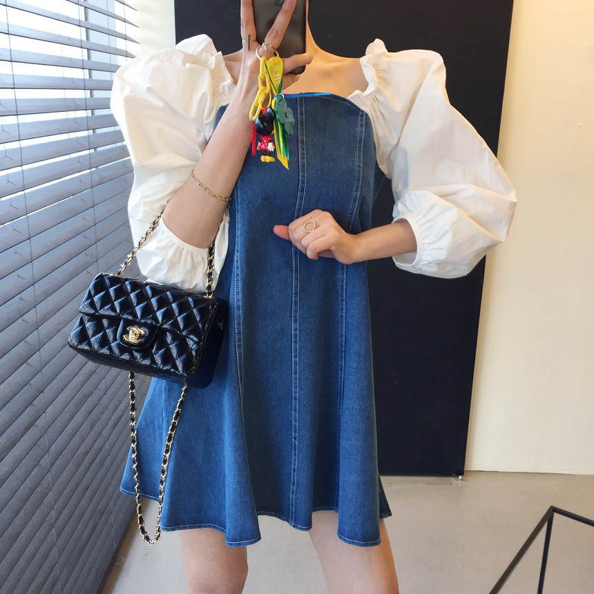 Fake two denim patchwork dress