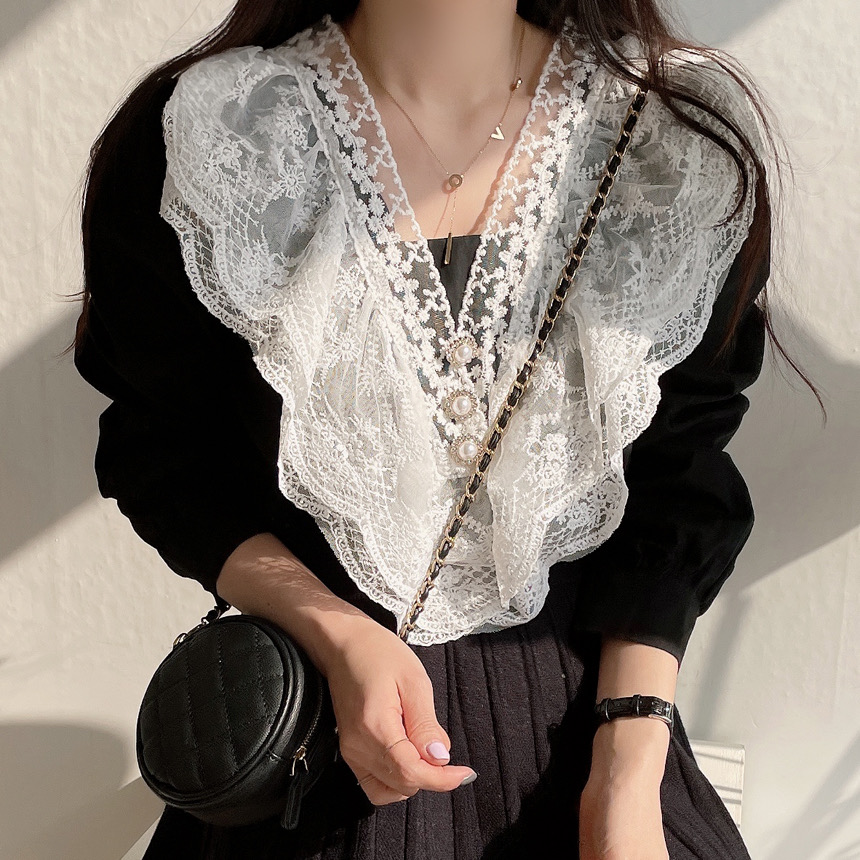 Korean collar lace stitching top