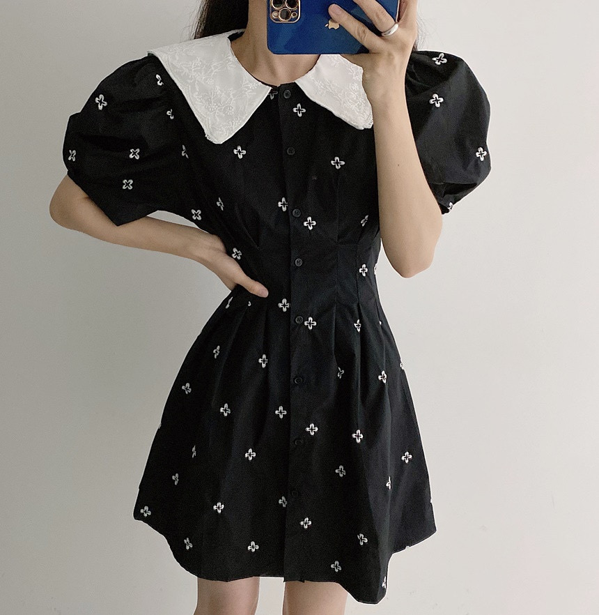 Vintage Baby collar waist slim bubble sleeve dress