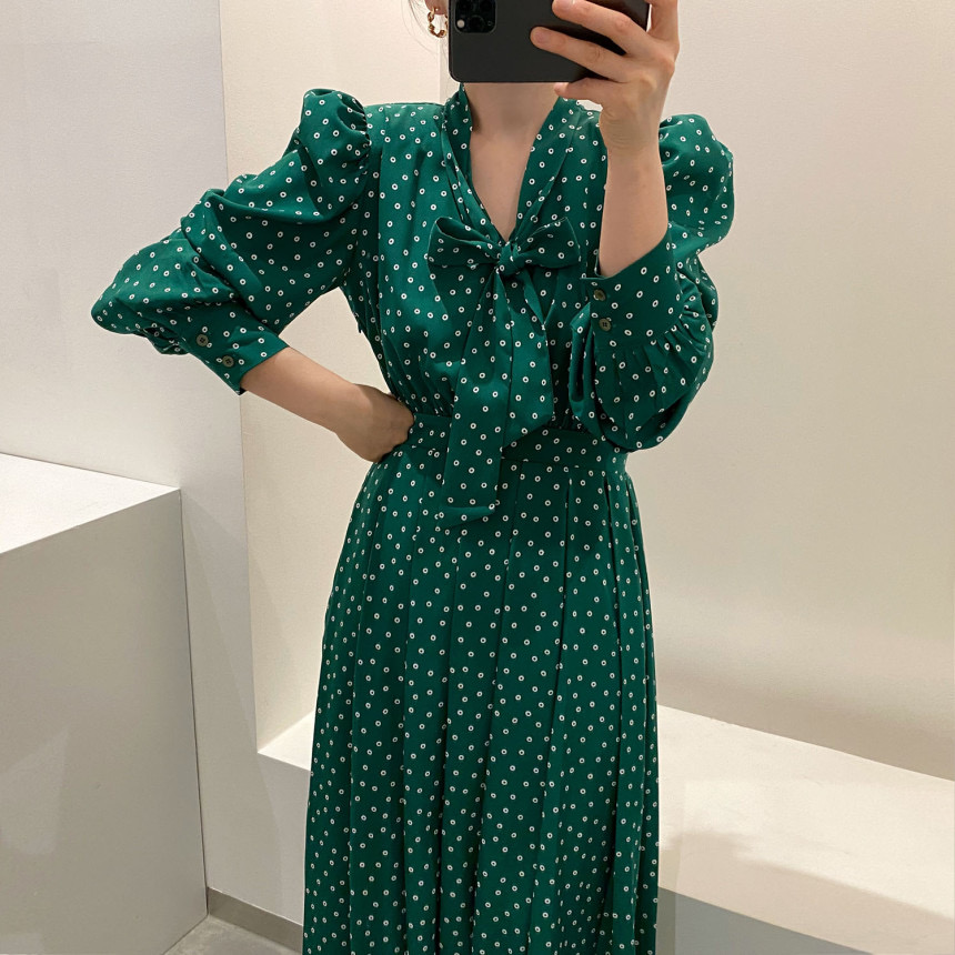 Polka Dot V-neck bandage bubble sleeve dress