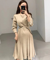 Korean chic autumn and winter new style style pleated waist slim dress with belt apricot black