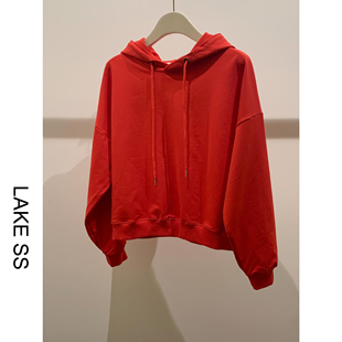 【断码清仓1件49，2件79，3件99】红色短款卫衣女连帽宽松春秋款