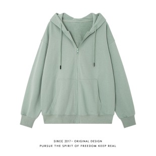 连帽春装 小个子宽松2026新款 卫衣外套女春秋薄款 纯棉绿色拉链开衫