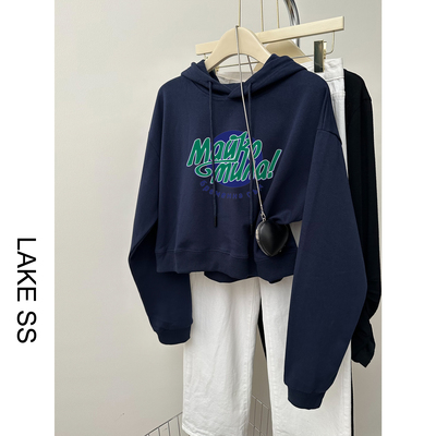 秋季短款卫衣女春秋款薄款2025新款藏青色小个子宽松高腰上衣连帽