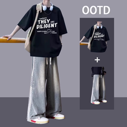 夏季美式短袖T恤套装男生宽松