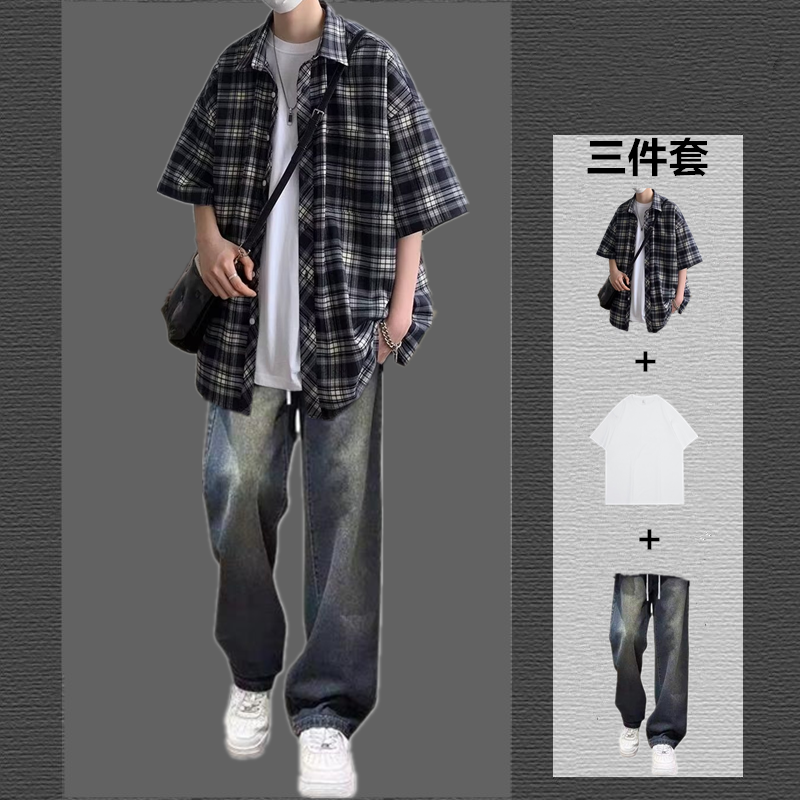 港风复古格子短袖衬衫夏季套装