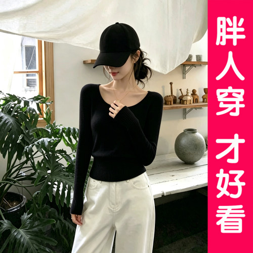 大码法式低圆领针织打底衫毛衣女