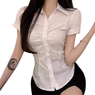 大码收腰短袖白衬衫女JK套装制服衬衣足浴技师工作服短裙包裙胖mm