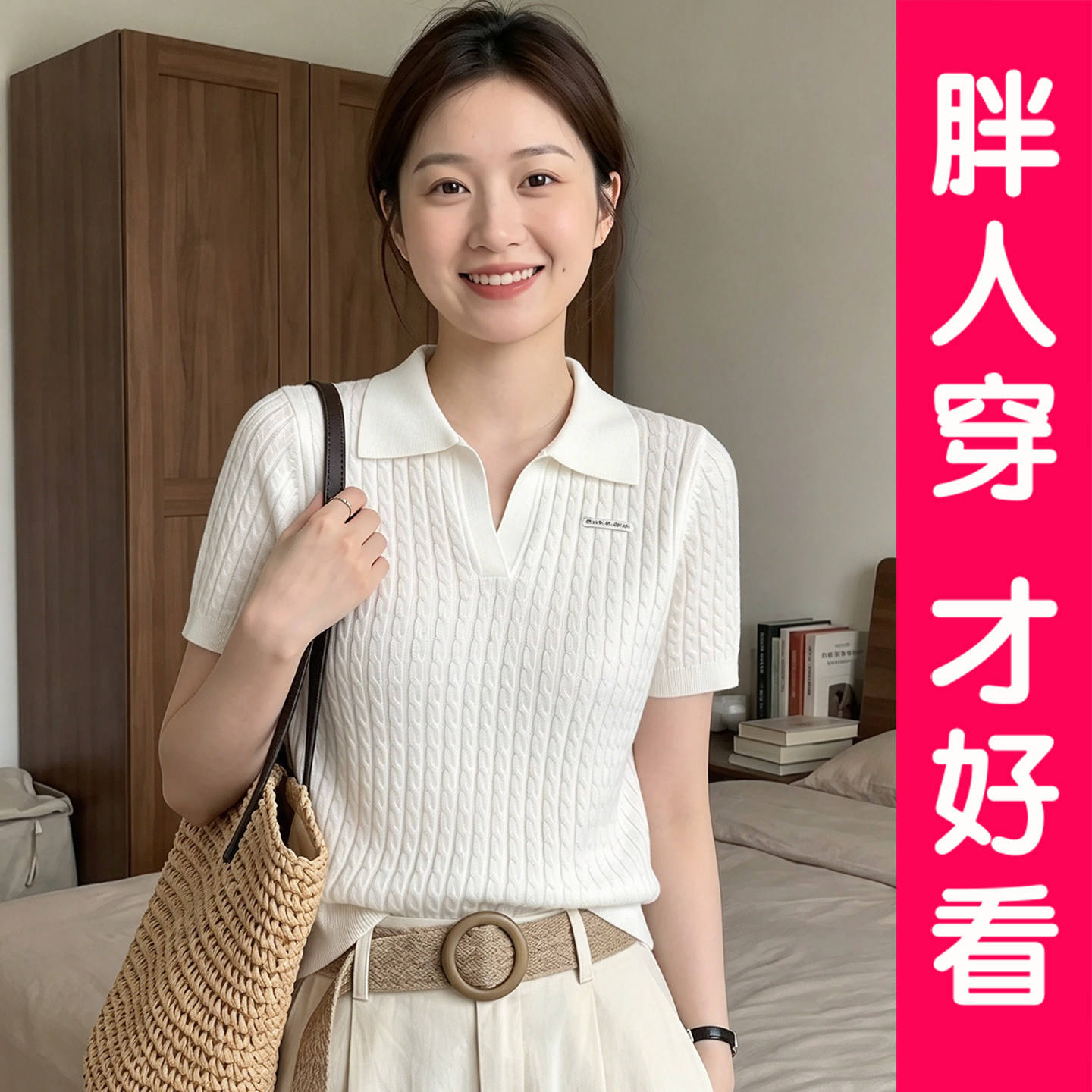 大码韩版polo领高级感针织衫t恤女夏季新款显瘦气质短袖上衣胖mm