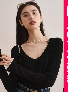 大码黑色V领钉珠针织衫秋冬内搭高级感打底毛衣法式气质上衣胖mm