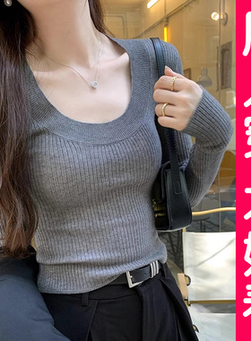 大码u领针织打底衫女2025春秋冬季新款毛衣修身内搭低领上衣胖mm