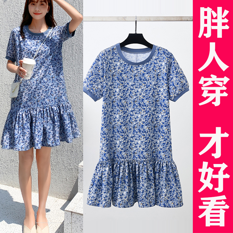 大码连衣裙夏胖mm短袖雪纺碎花裙微胖宽松遮肚子裙子胖妹妹200斤