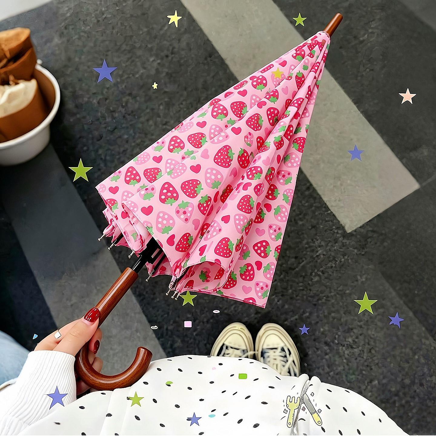 草莓雨伞加大加厚加固抗大暴雨学生晴雨两用长柄自动伞2026新款