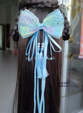 女童头发马尾后脑勺发夹大蝴蝶结飘带发夹汉服民族风发饰表演头花