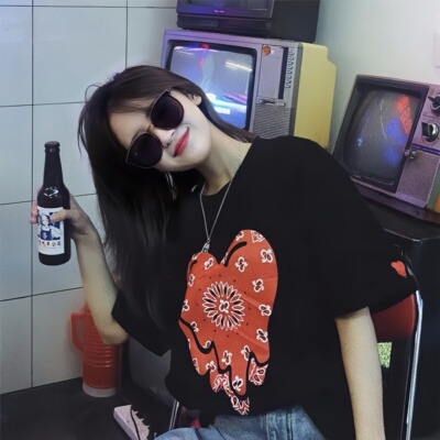 外星伴侣HGW EU陈冠希同款腰果花印花溶解心宽松纯棉短袖T恤