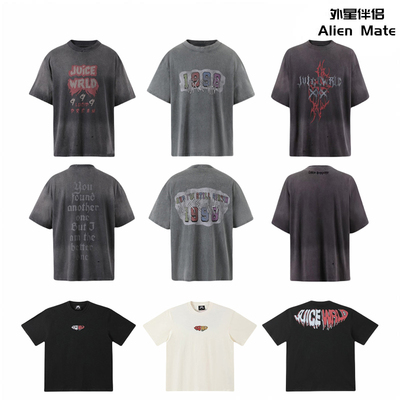 外星伴侣Juice WRLD新款火焰数字印花LOGO水洗做旧纯棉短袖T恤