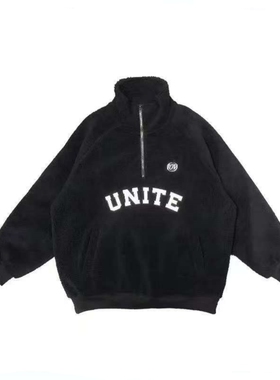 EST黑色半拉链摇粒绒抱抱绒羊羔绒半拉链高领字母宽松百搭卫衣