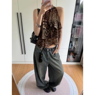 美式辣妹豹纹挂脖背心吊带女夏季设计感露背短款外穿小众无袖上衣