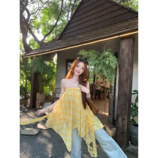 不规则性感露背抹胸背心女夏季蕾丝拼接无袖外穿宽松辣妹黄色上衣