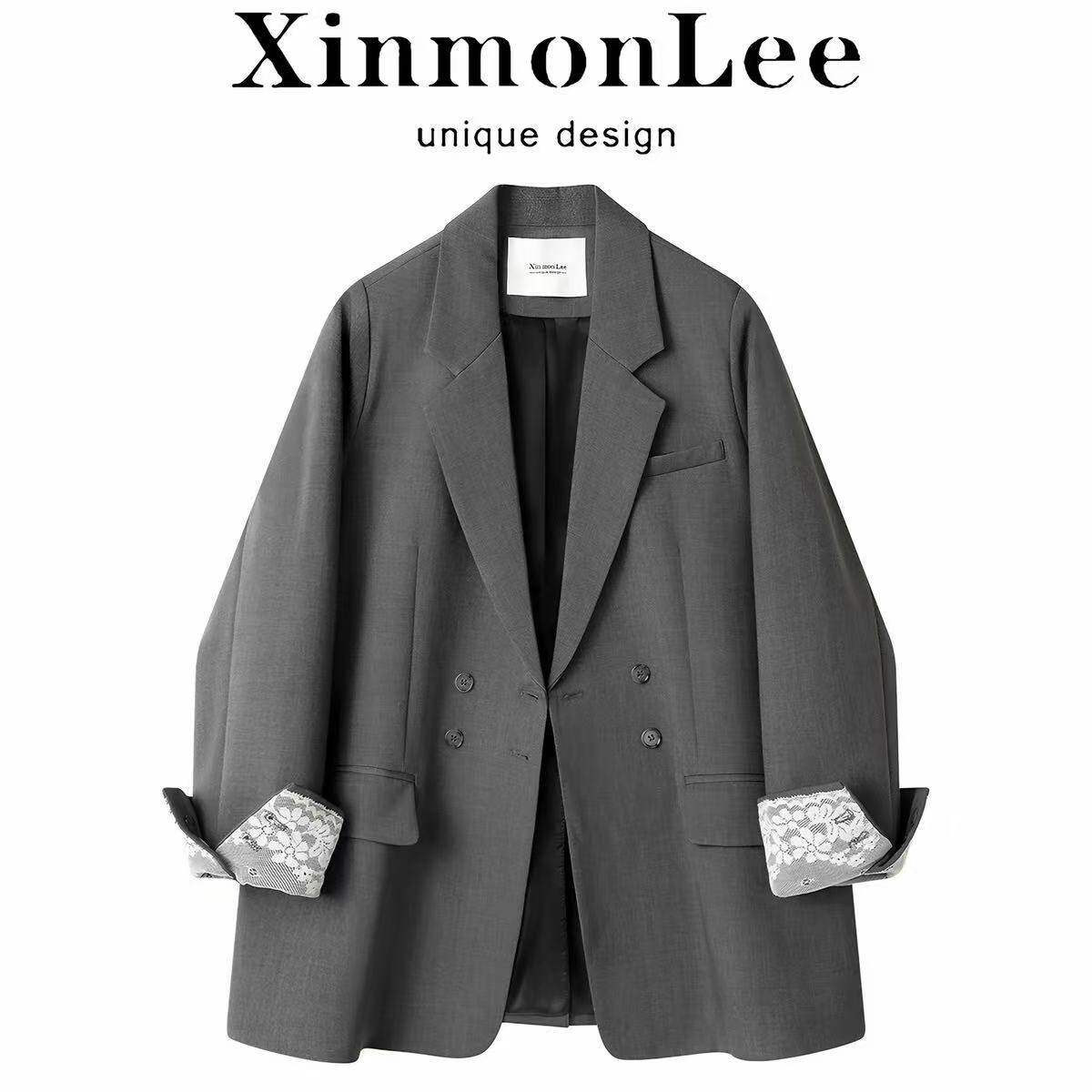 秋冬装新款高级感蕾丝拼接西装外套气质双排扣通勤小西服 带里布