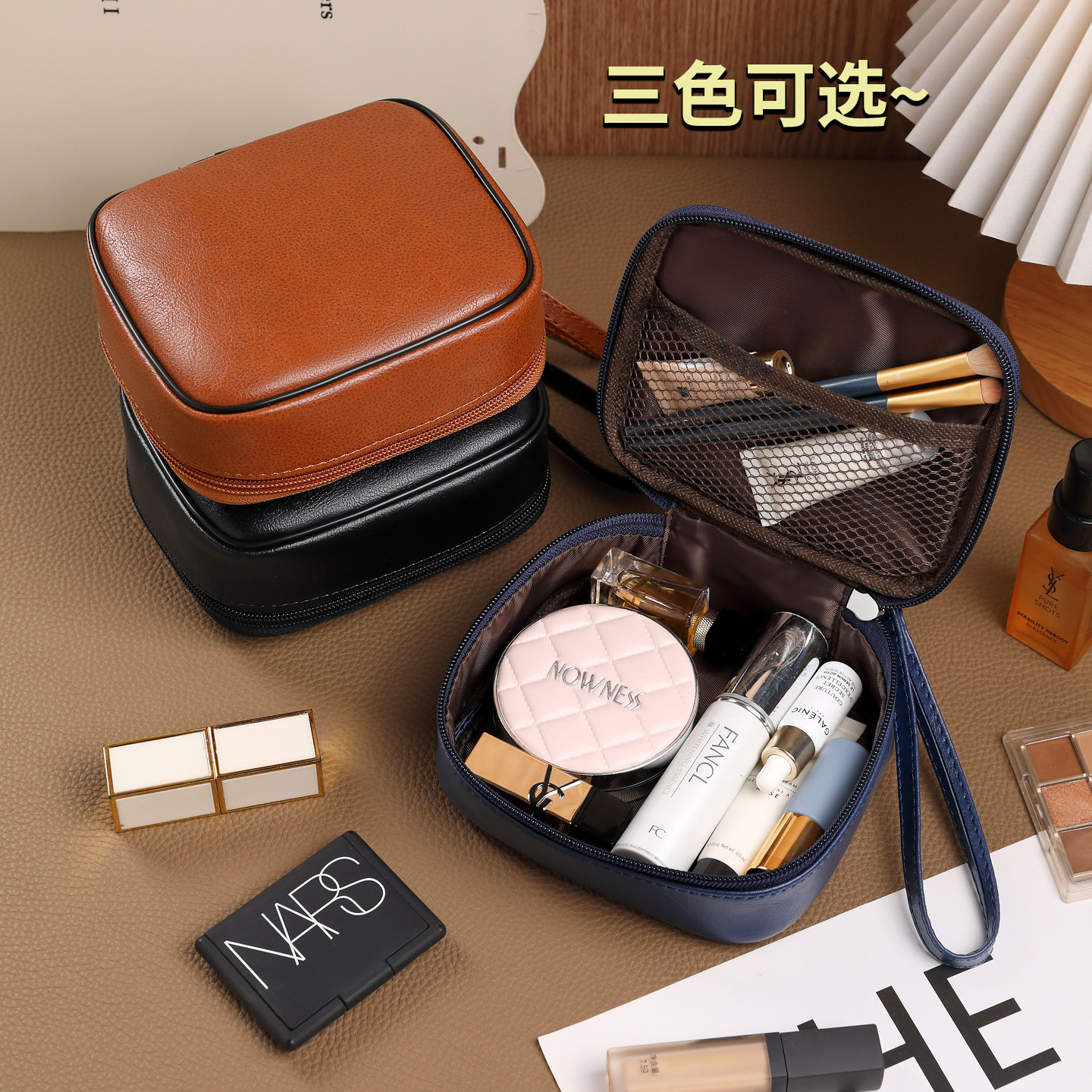 复古皮质化妆包大容量首饰盒分区设计化妆品收纳袋旅行便捷洗漱包