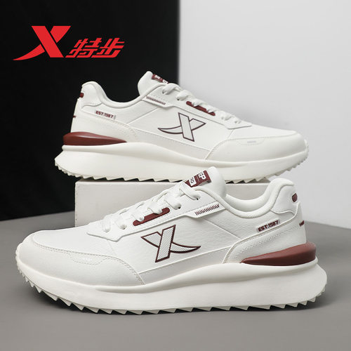 特步新款皮面白色防水男鞋