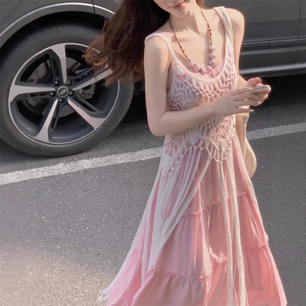 法式温柔粉色蛋糕连衣裙女夏季波连衣裙