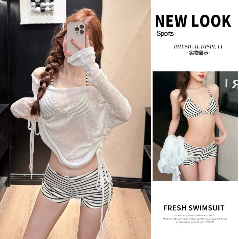 泳衣女分体三件套保守显瘦韩版森系小胸聚拢时尚条纹防晒罩衫度假