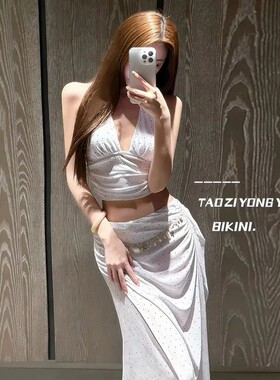 游泳衣女波点比基尼三件套禁欲系