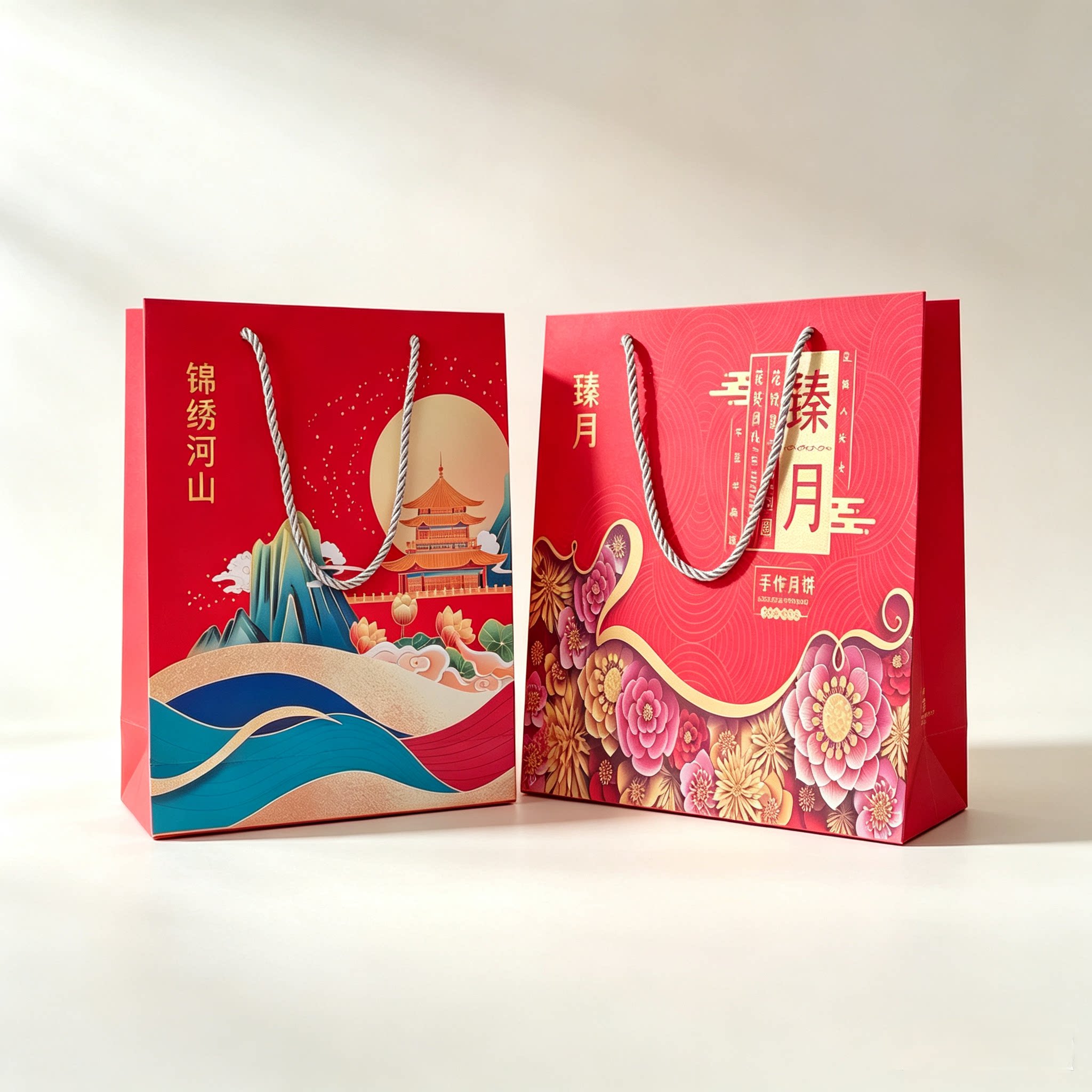 中秋月饼手提袋礼品纸盒铁盒手挽袋牛皮纸包装袋红色喜庆伴手礼袋