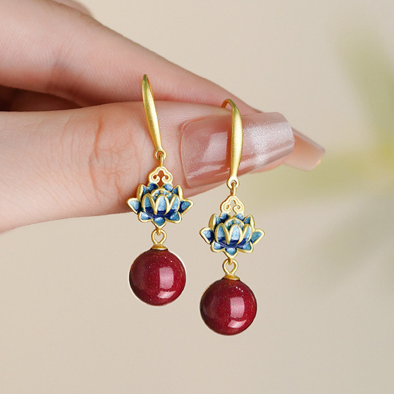天然朱砂莲花耳环S925纯银女2025新中式耳坠红色耳钩复古国风礼物,饰品/流行首饰/时尚饰品新,耳环,淘宝优惠券,粉丝福利购,淘宝优惠卷