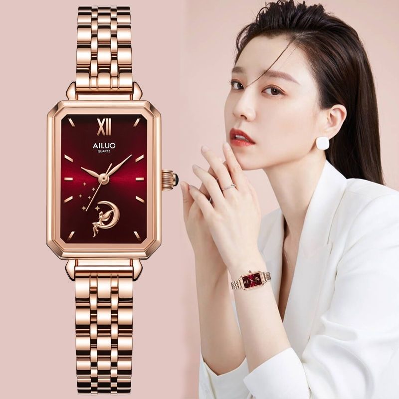 艾诺手表女士石英表高端奢华小众复古时尚气质本命年红色方形女表