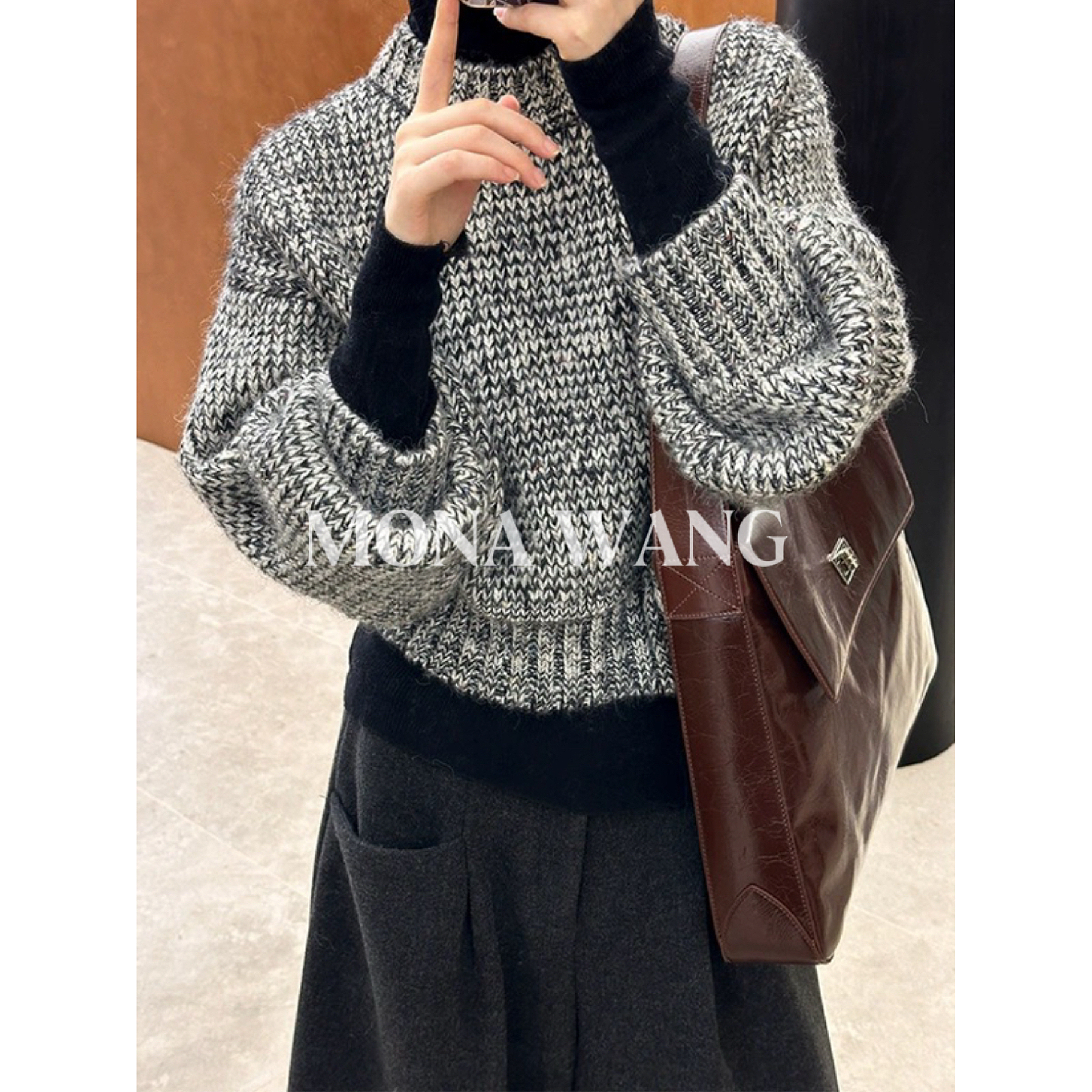 慵懒风宽松休闲套头毛衣女2025秋冬新款粗线黑白套头针织衫女