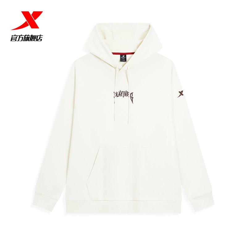 特步连帽卫衣男款2025冬季新款休闲男装运动长袖黑色针织上衣纯色