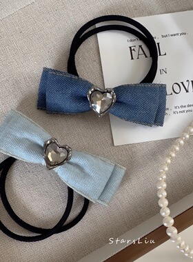 原创头饰发饰牛仔布艺爱心水钻蓝色蝴蝶结发绳饰品日韩简约发圈女