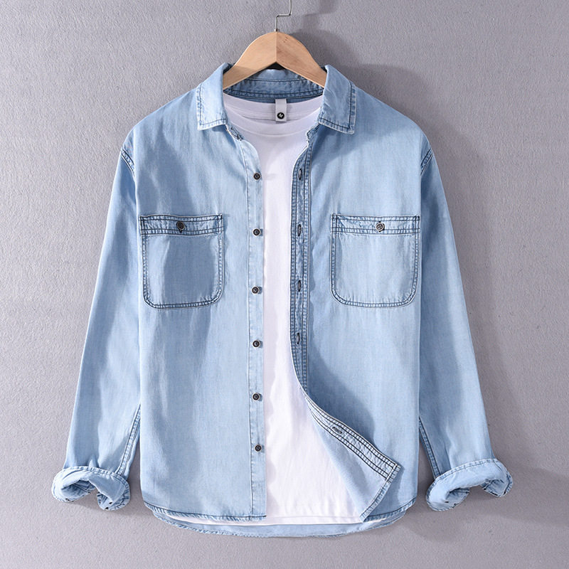 春夏亚麻牛仔衬衫复古休闲帅气