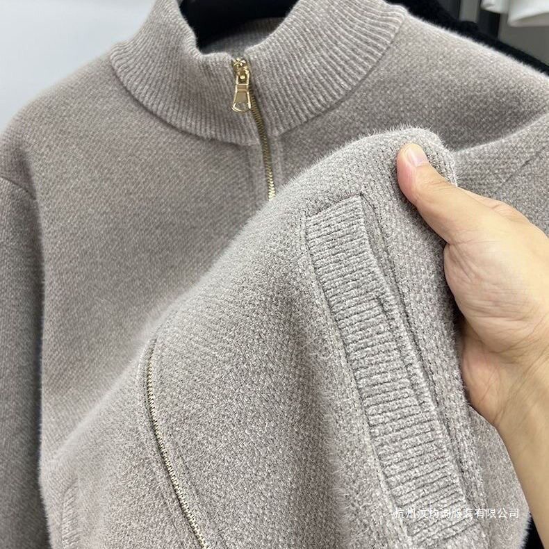 克雪貂绒开衫立领拉链秋冬季加绒加厚毛衣纯色男装针织衫外套黑色