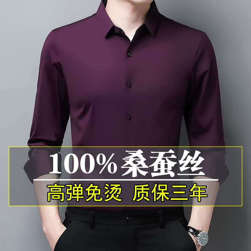 高级感长袖衬衫男士秋冬新款加绒加厚桑蚕丝纯色高档免烫衬衣弹力