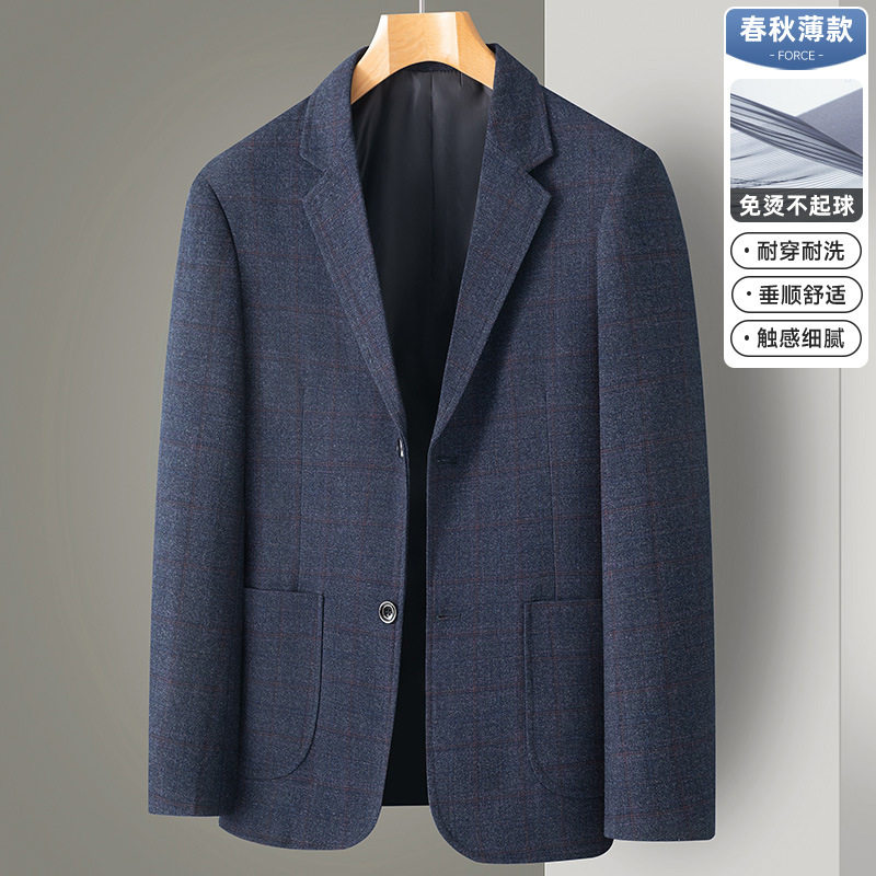 男士西服外套商务格纹西装春秋季中年爸爸装单西上衣正装2024新款