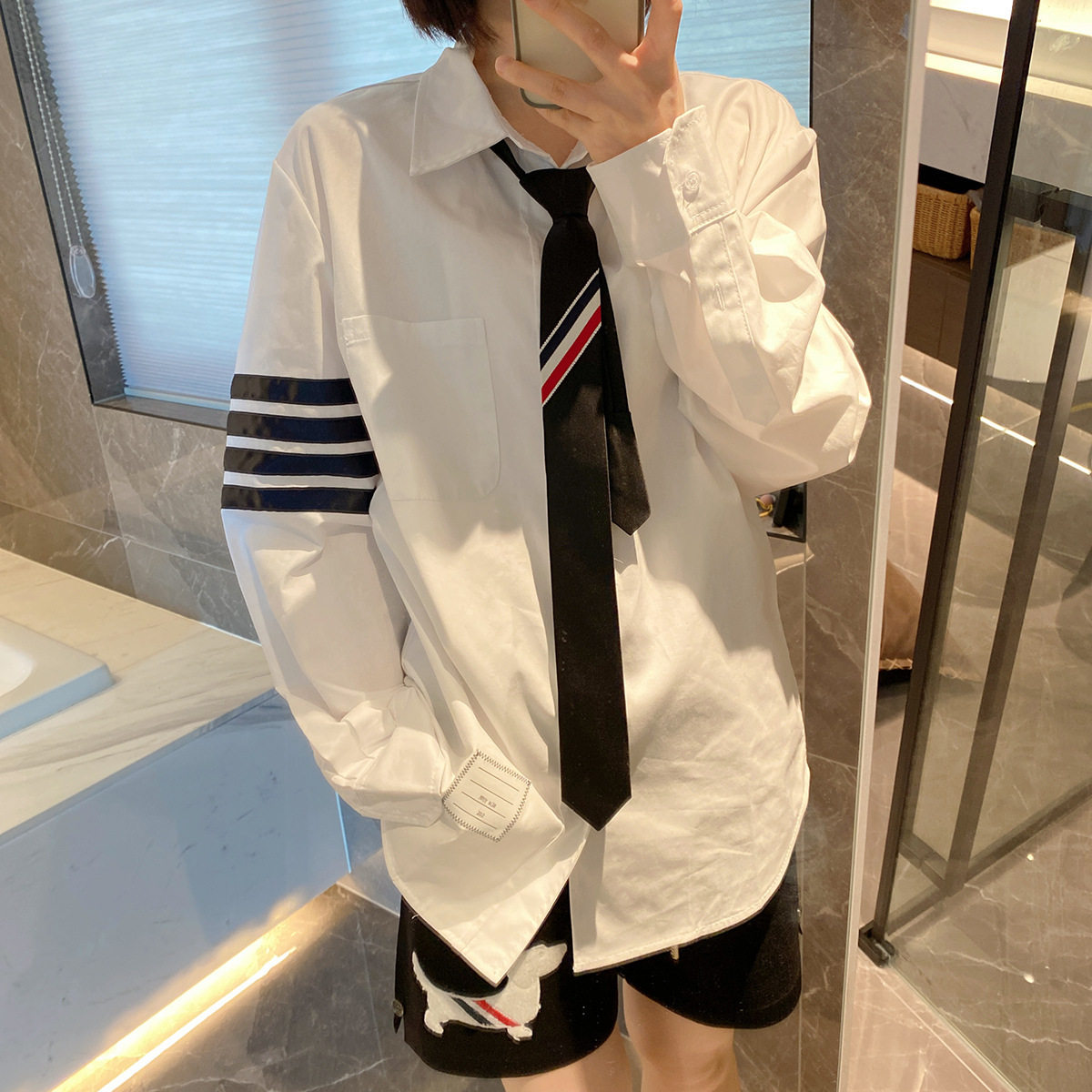 maSande23春夏新款长袖衬衫女tb白色情侣款衬衣四条杠外套宽松内