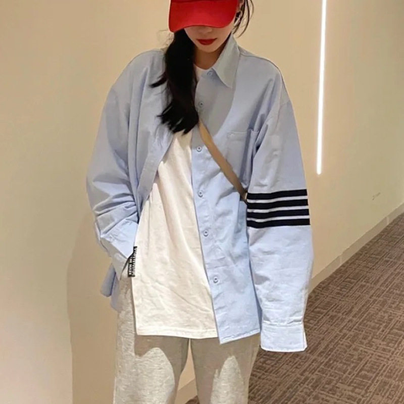 maSande彩色条纹长袖衬衫女学院减龄宽松韩版上衣2025夏季新款开