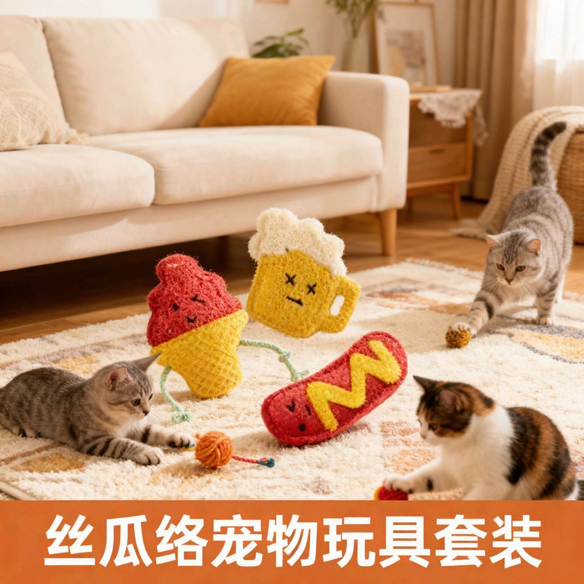 跨境猫咪自嗨玩具宠物磨牙解闷逗猫棒啃咬洁牙猫抓丝瓜络猫玩具