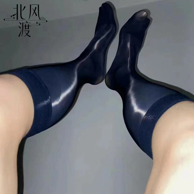 2双男士正装皮鞋纯色丝袜镜面水光日系中长筒丝滑油光亮面袜子
