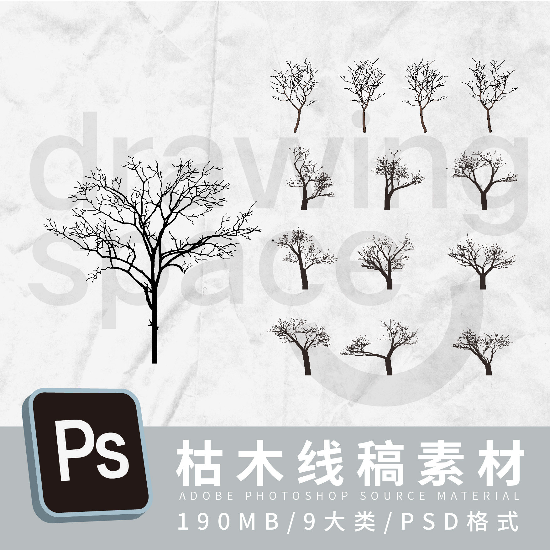 枯木线稿树9类psd格式/枯树,剪影树,竹梅