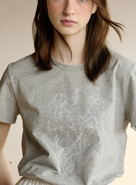 En blanc.ligne crème原创设计灰色鸢尾花印花T恤