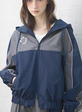 En blanc.ligne crème原创设计复古学院拼色连帽夹克