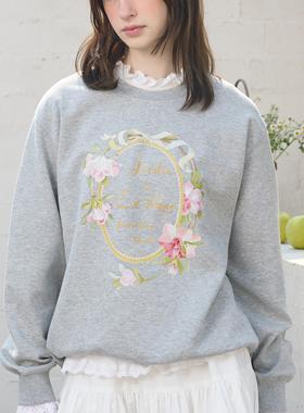 En blanc.ligne crème 原创设计灰色文艺花环印花卫衣