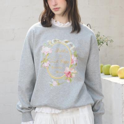 En blanc.ligne crème 原创设计灰色文艺花环印花卫衣