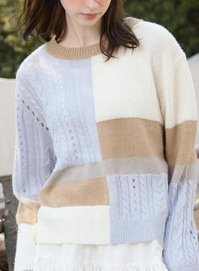 En blanc.ligne crème原创设计马海毛拼色圆领针织衫